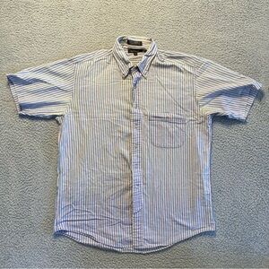 VTG Austin Grey Single Needle Button Down SS Shirt Pink/Blue Stripe Men 16.5 (L)